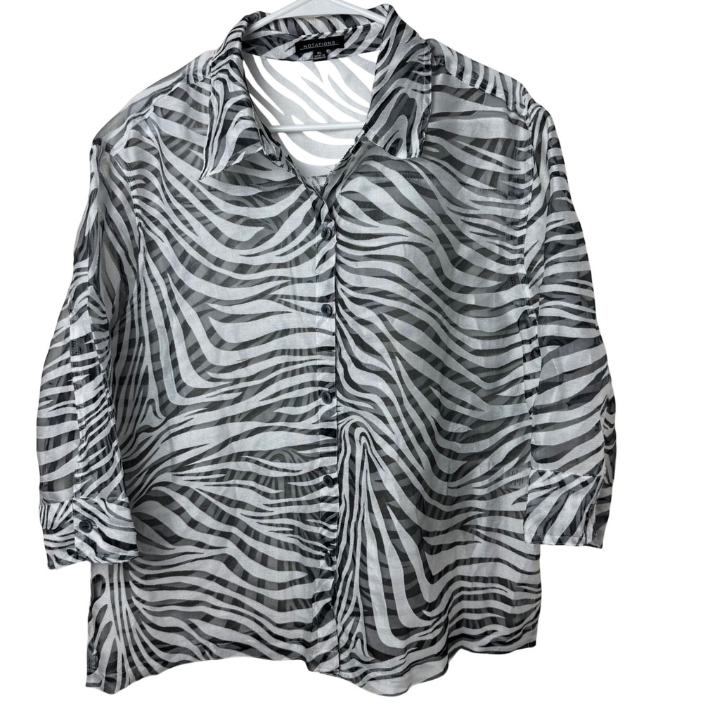 Notations Button Down Women XL White Zebra Print Sheer 3/4 Sleeve Blouse